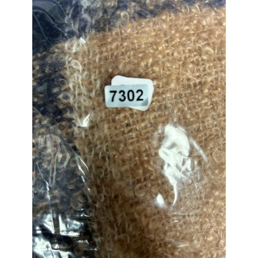 Dark Academia Avoca Womens OS Blue‎ Brown Mohair Wool Plaid Fringe Wrap Shawl